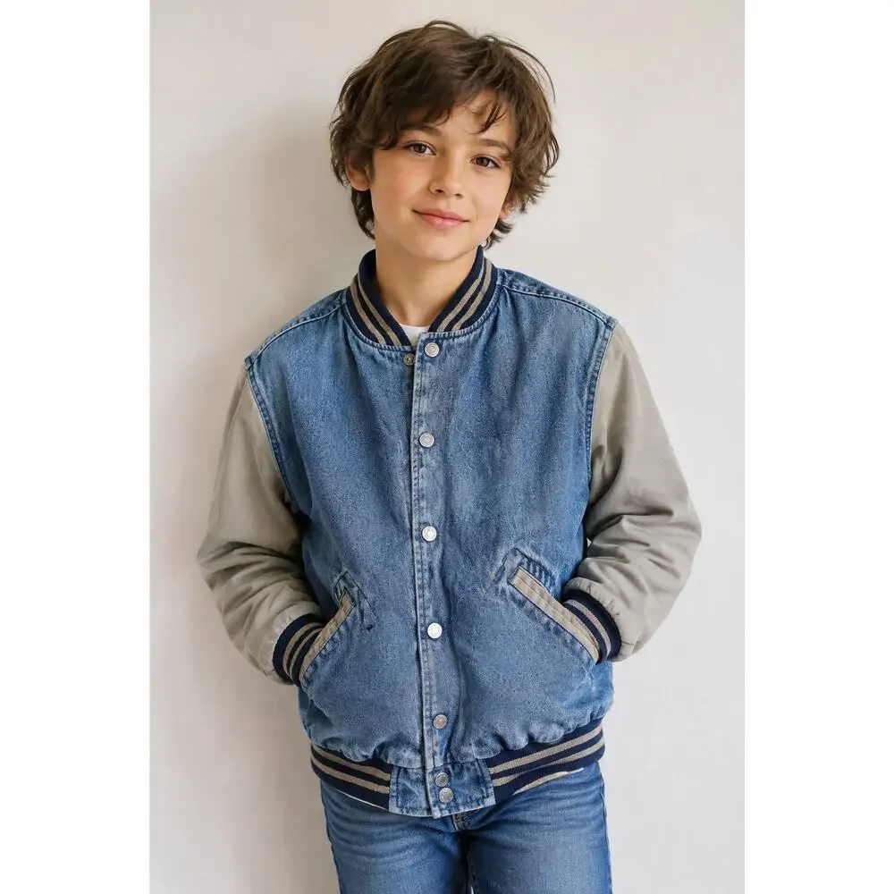 Old Navy VNTG denim Jacket Childs 8 Varsity Bomber Coat Cotton Denim Button